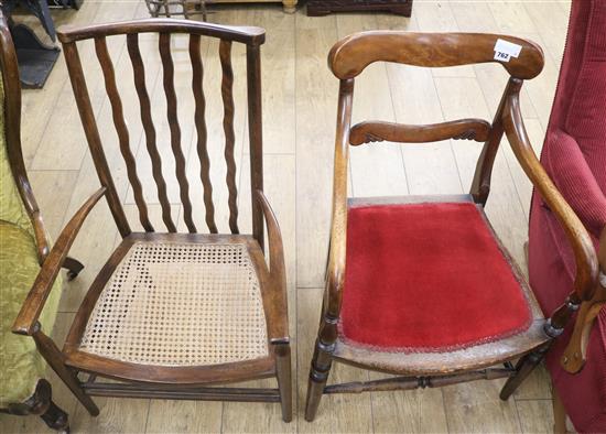A cane armchair and a Victorian chair